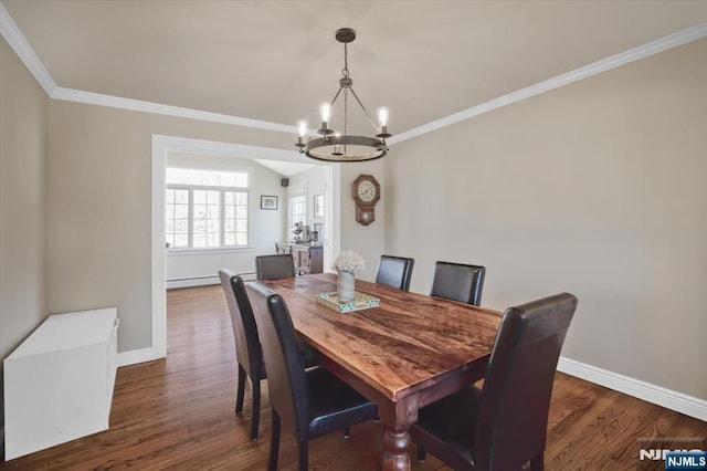 dining space featuring dark wood-type flooring, ornamental molding, baseboards, and a baseboard radiator