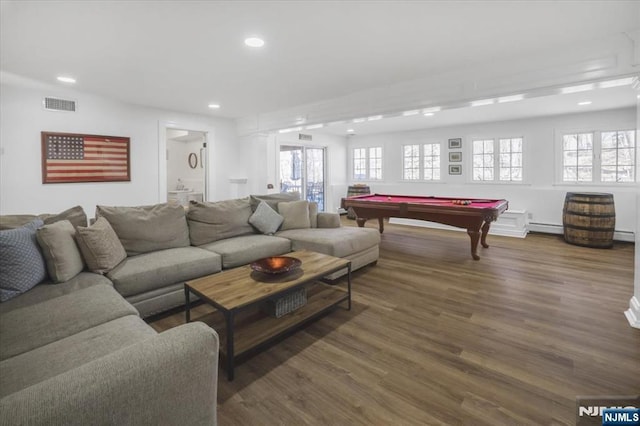 living area with visible vents, pool table, recessed lighting, wood finished floors, and a baseboard radiator