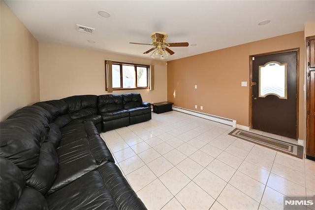 living area with light tile patterned flooring, a ceiling fan, visible vents, and a baseboard radiator