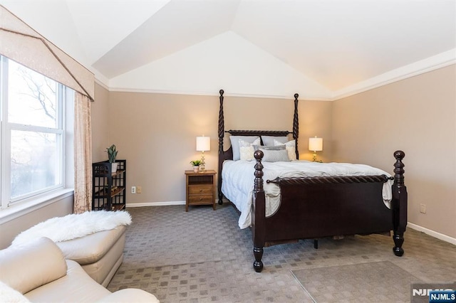 carpeted bedroom with baseboards and lofted ceiling