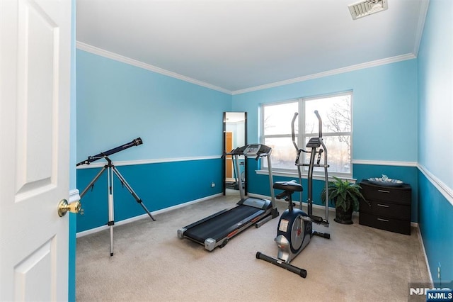 workout area with visible vents, carpet flooring, baseboards, and ornamental molding