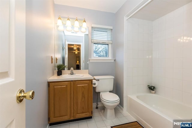 full bathroom featuring tile patterned flooring, visible vents, toilet, shower / tub combination, and vanity