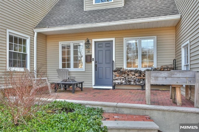 doorway to property featuring roof with shingles