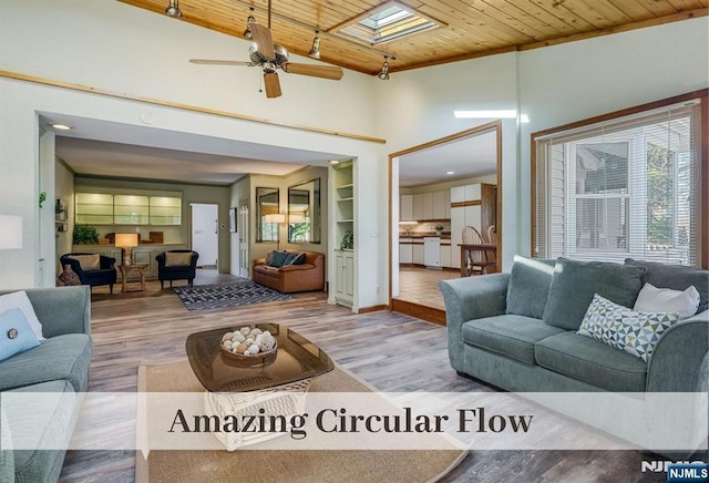 living area featuring wooden ceiling, a skylight, ceiling fan, and wood finished floors