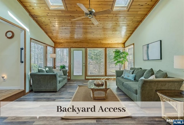 living area featuring ceiling fan, lofted ceiling with skylight, wood ceiling, and wood finished floors