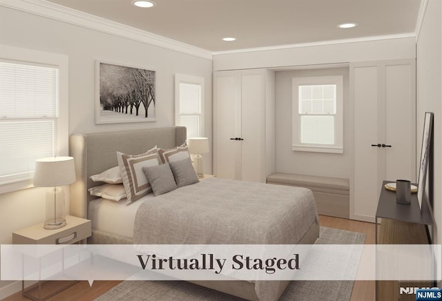 bedroom with recessed lighting, a closet, wood finished floors, and ornamental molding