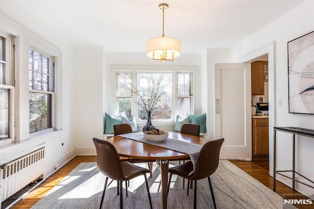 dining room with baseboards, radiator, and light wood-style flooring