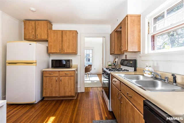 kitchen featuring brown cabinets, black appliances, a sink, dark wood finished floors, and light countertops