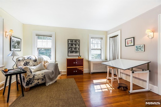 sitting room featuring radiator, wood finished floors, and baseboards