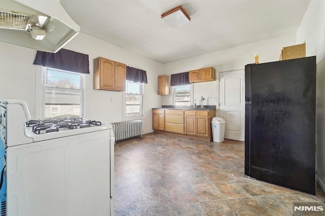 kitchen featuring radiator, white range with gas cooktop, freestanding refrigerator, stone finish flooring, and dark countertops