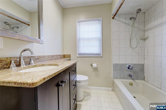 full bathroom with vanity, baseboards, shower / bath combination, tile patterned floors, and toilet