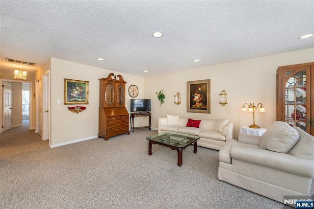 living room featuring recessed lighting, visible vents, light carpet, and baseboards