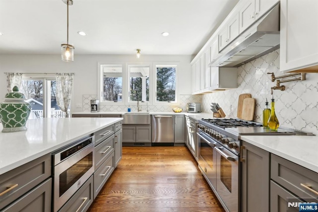 kitchen featuring under cabinet range hood, stainless steel appliances, a sink, and light countertops