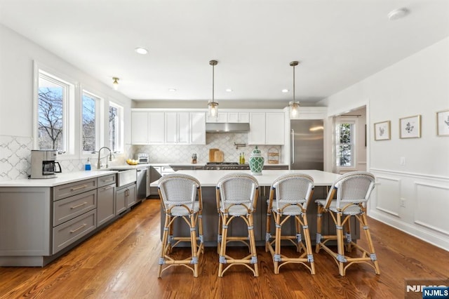 kitchen with a kitchen island with sink, a sink, gray cabinetry, under cabinet range hood, and appliances with stainless steel finishes