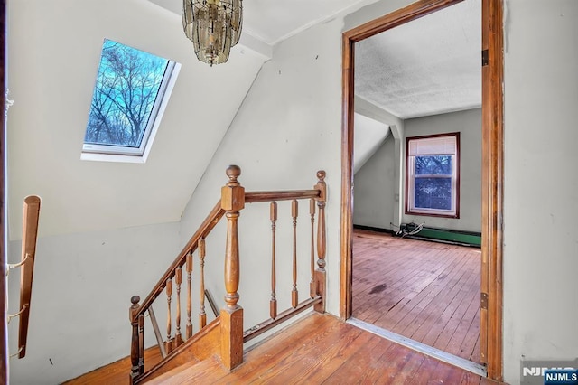 interior space featuring a wealth of natural light, vaulted ceiling with skylight, and hardwood / wood-style floors