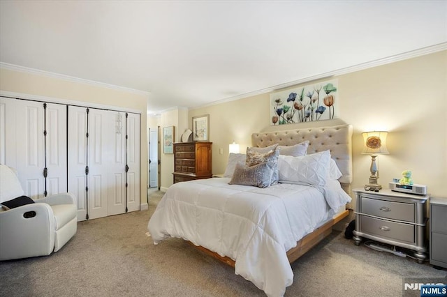 bedroom with a closet, carpet flooring, and crown molding