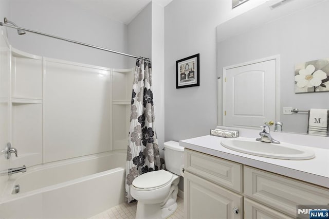 full bathroom featuring visible vents, toilet, shower / tub combo, tile patterned floors, and vanity