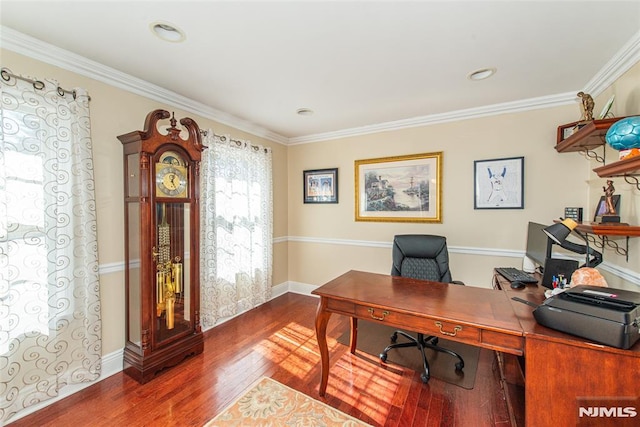 home office with ornamental molding, baseboards, and wood finished floors