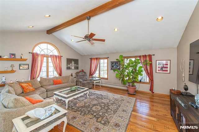 living room featuring recessed lighting, vaulted ceiling with beams, light wood-style floors, and a baseboard radiator