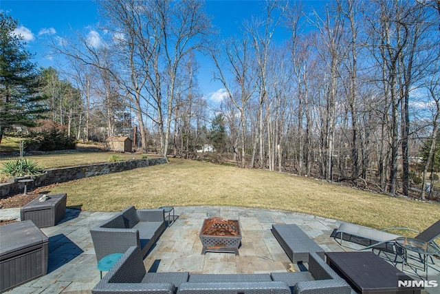 view of yard featuring a patio area, an outdoor living space with a fire pit, a storage shed, and an outdoor structure