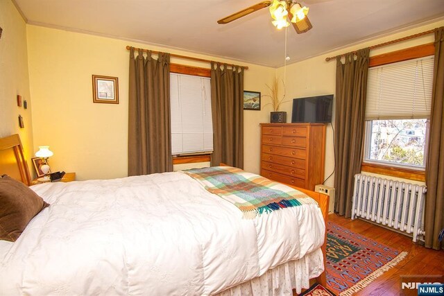 bedroom featuring crown molding, radiator, wood finished floors, and ceiling fan