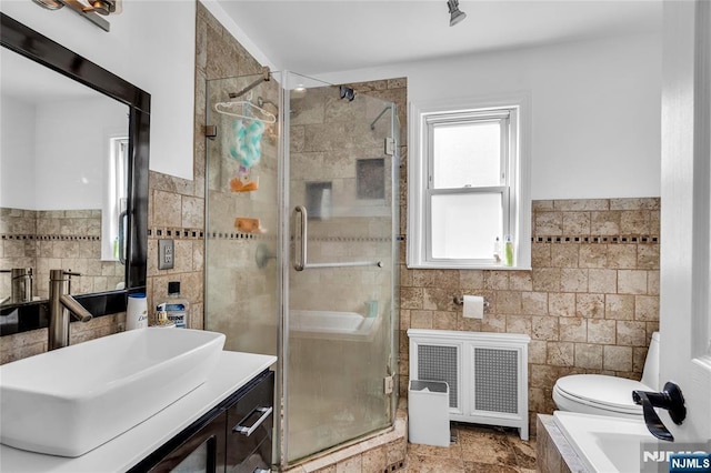 bathroom with vanity, tile walls, toilet, and a stall shower