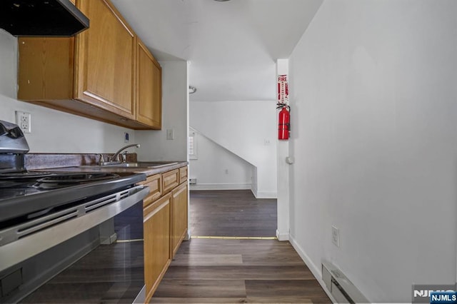 kitchen featuring baseboards, range hood, stainless steel range with electric stovetop, dark wood-style floors, and a sink