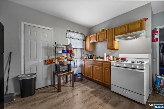 kitchen with dark wood finished floors, a sink, light countertops, under cabinet range hood, and white gas range