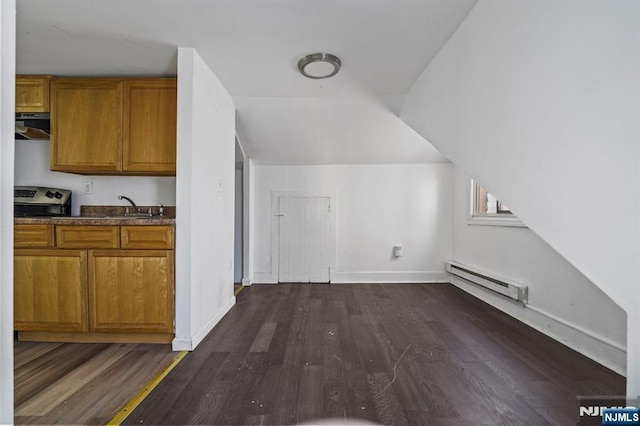 additional living space featuring a sink, dark wood finished floors, a baseboard radiator, baseboards, and vaulted ceiling