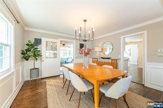 dining space with dark wood finished floors, a decorative wall, and ornamental molding