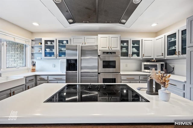 kitchen with a sink, glass insert cabinets, appliances with stainless steel finishes, and light countertops