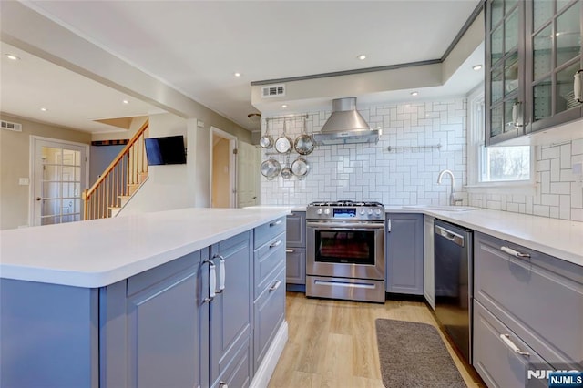 kitchen with light wood finished floors, gray cabinets, a sink, stainless steel appliances, and wall chimney range hood