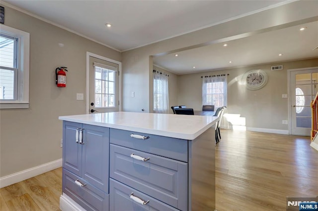 kitchen with a healthy amount of sunlight, ornamental molding, and light wood finished floors