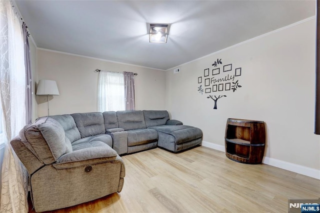 living room featuring baseboards, crown molding, and light wood finished floors