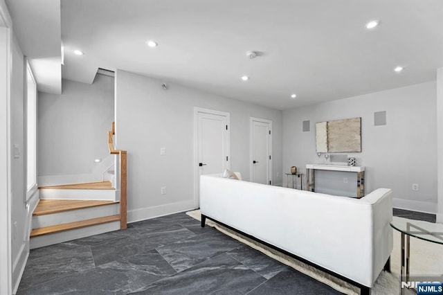 bedroom with recessed lighting, baseboards, and marble finish floor