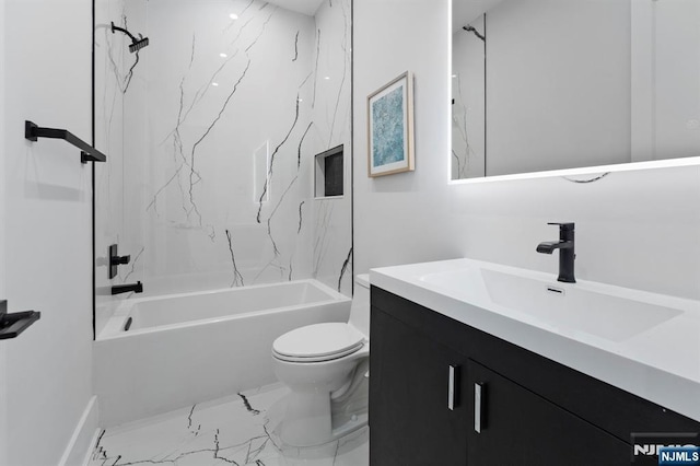 bathroom featuring shower / bathtub combination, toilet, marble finish floor, and vanity