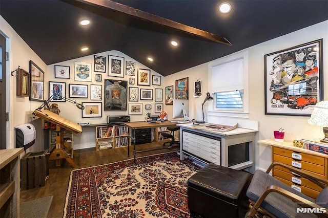 office area featuring recessed lighting, baseboards, lofted ceiling, and wood finished floors