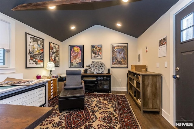 office area featuring baseboards, lofted ceiling, and dark wood-style flooring