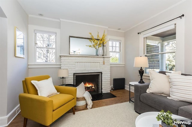 living room featuring ornamental molding, wood finished floors, radiator heating unit, baseboards, and a brick fireplace