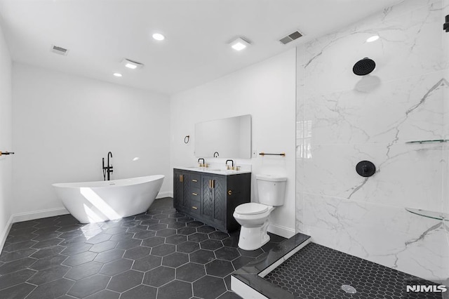 full bathroom with a freestanding tub, visible vents, a walk in shower, tile patterned flooring, and vanity