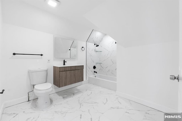 full bath featuring vanity, toilet, baseboards, and marble finish floor