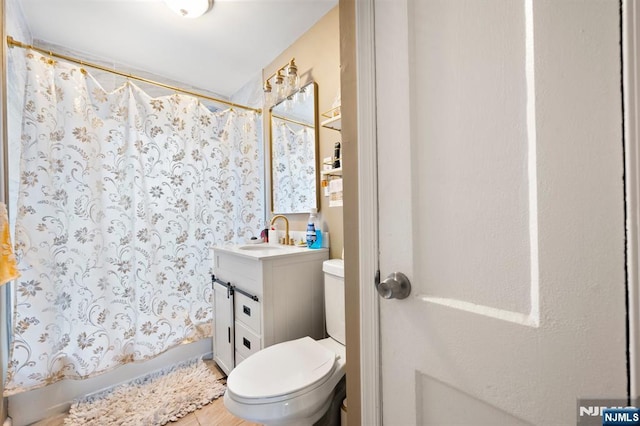 full bath with toilet, vanity, and shower / bath combo