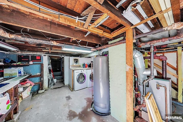 unfinished below grade area with gas water heater and separate washer and dryer