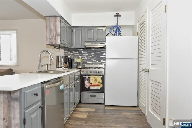 kitchen featuring under cabinet range hood, stainless steel appliances, gray cabinets, and a sink