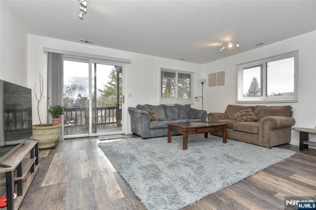 living area with visible vents, wood finished floors, and rail lighting