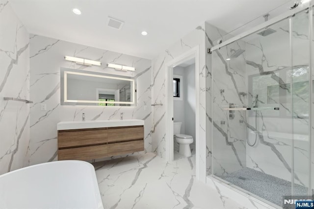 bathroom with recessed lighting, a marble finish shower, toilet, and stone wall