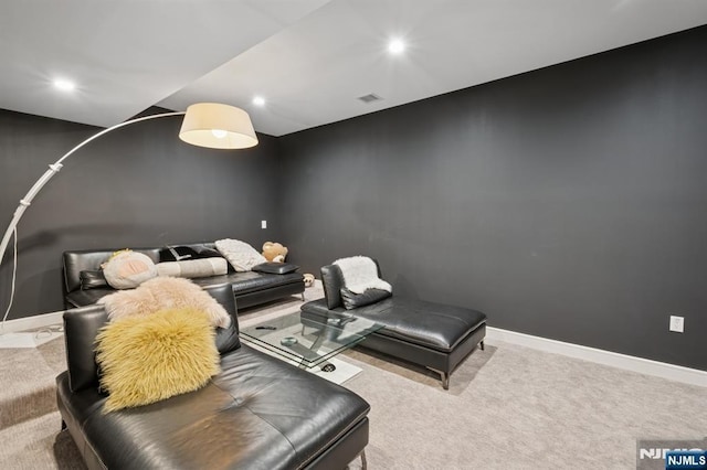 carpeted cinema room featuring visible vents, recessed lighting, and baseboards