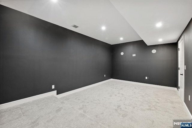 home theater featuring visible vents, baseboards, and carpet floors