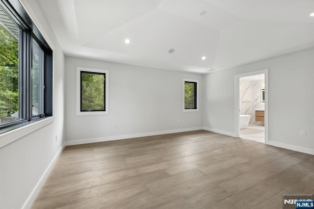 interior space with baseboards, multiple windows, light wood-style flooring, and vaulted ceiling