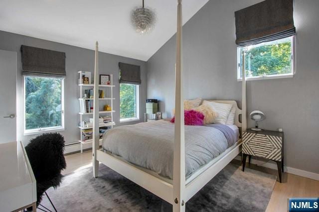 bedroom with vaulted ceiling, multiple windows, baseboards, and wood finished floors